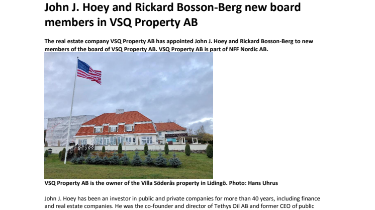 John J. Hoey and Rickard Bosson-Berg new board members in VSQ Property AB