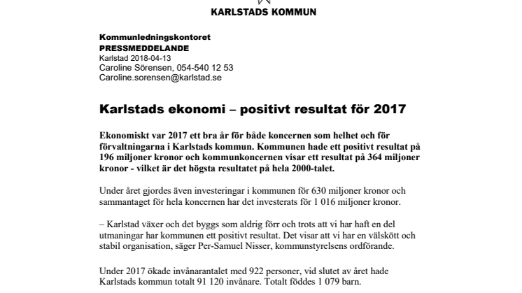 Karlstads ekonomi – positivt resultat för 2017