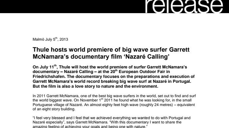 Thule hosts world premiere of big wave surfer Garrett McNamara’s documentary film ‘Nazaré Calling’