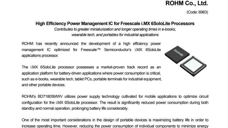 High Efficiency Power Management IC for Freescale i.MX 6SoloLite Processors -- Contributes to greater miniaturization and longer operating times in e-books,  wearable tech, and portables for industrial applications