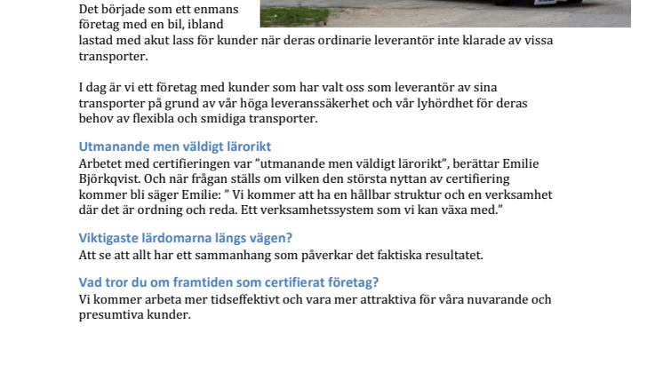 Svensk Spedition & Transport AB, Växjö certifierade mot ISO 9001 & ISO 14001