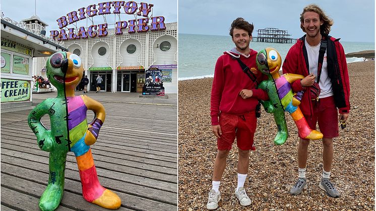 One icon meets another as Morph heads to Brighton Palace Pier (left) before saying hi to the beachfront team of lifesavers (download pictures below)
