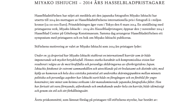 MIYAKO ISHIUCHI – 2014 ÅRS HASSELBLADPRISTAGARE