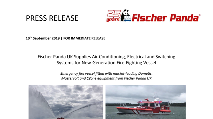 Fischer Panda UK Supplies Air Conditioning, Electrical and Switching Systems for New-Generation Fire-Fighting Vessel