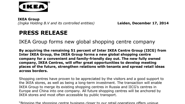 IKEA Group forms new global shopping centre company