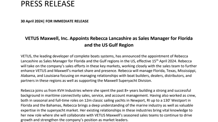 VETUS Maxwell, Inc Appoints Rebecca Lancashire as Sales Manager for Florida and the Gulf Regions in the US.pdf