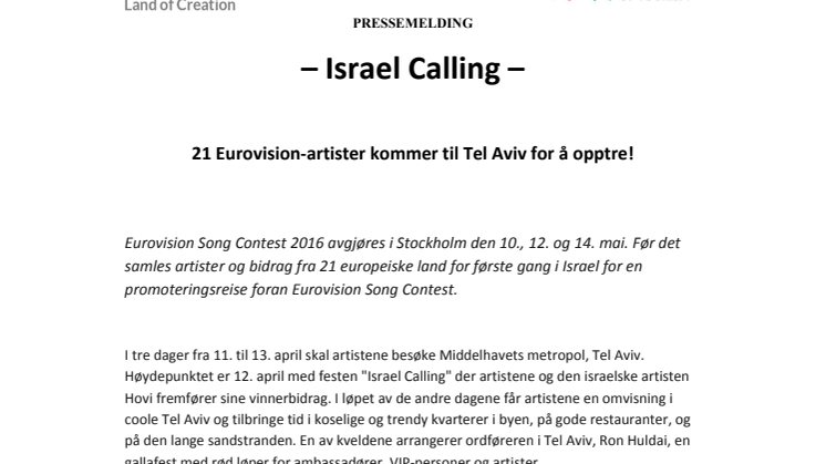 ​– Israel Calling –   21 Eurovision-artister kommer til Tel Aviv for å opptre!