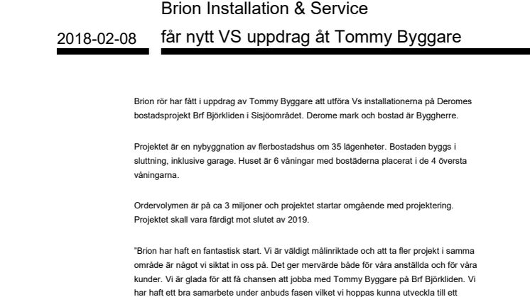 Brion Installation & Service får nytt VS uppdrag åt Tommy Byggare