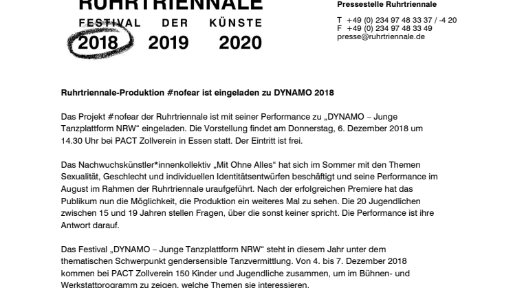 Ruhrtriennale-Produktion #nofear ist eingeladen zu DYNAMO 2018