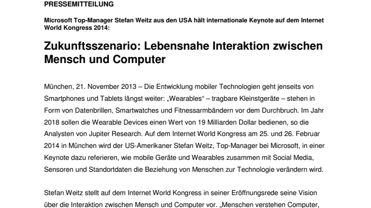 Microsoft Top-Manager Stefan Weitz aus den USA hält internationale Keynote auf dem Internet World Kongress 2014