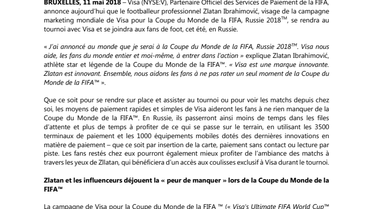 Zlatan Ibrahimović ira avec Visa à la Coupe du Monde de la FIFA, Russie 2018