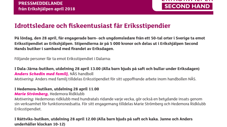 Idrottsledare och fiskeentusiast får Eriksstipendier i Dalarna