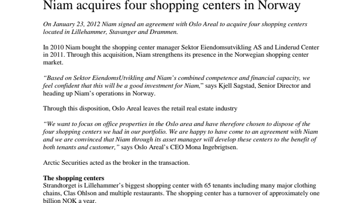 Niam acquires four shopping centers in Norway