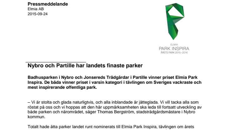 Nybro och Partille har landets finaste parker