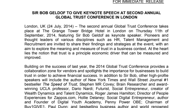 Sir Bob Geldof to give keynote speech at second annual Global Trust Conference in London 