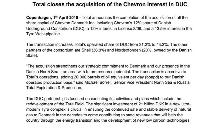 Total afslutter købet af Chevrons andel af DUC