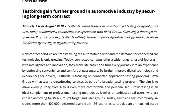 Testbirds gain further ground in automotive industry by securing long-term contract