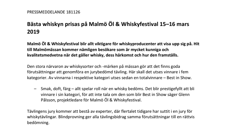 Bästa whiskyn prisas på Malmö Öl & Whiskyfestival 15–16 mars 2019