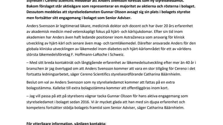 Anders Svensson föreslås som ny styrelseledamot i Cereno Scientific
