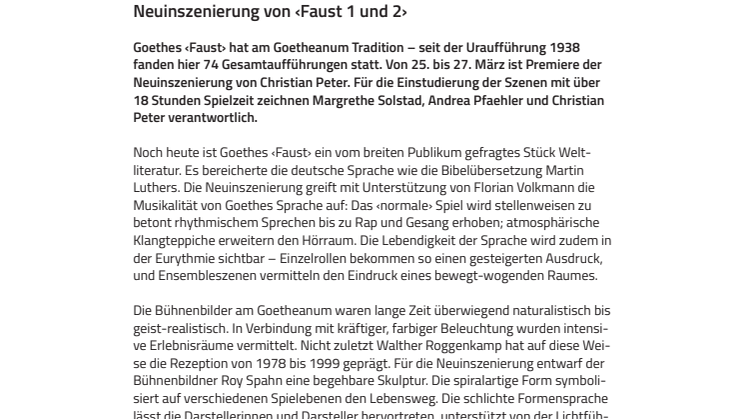 Neuinszenierung am Goetheanum: ‹Faust 1 und 2› von Johann Wolfgang Goethe