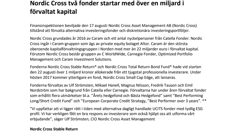Nordic Cross två fonder startar med över en miljard i förvaltat kapital