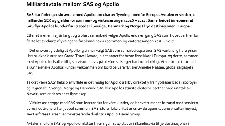 Milliardavtale mellom SAS og Apollo