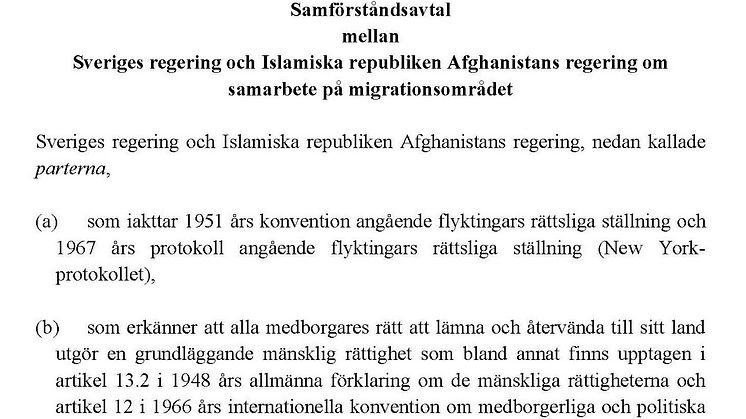 Inledningen till det så kallade återvändaravtalet mellan Sverige och Afghanistan, tecknat oktober 2016.