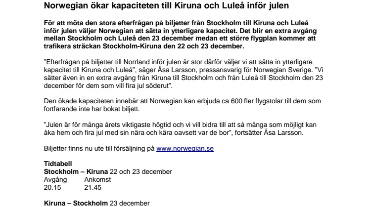 Norwegian ökar kapaciteten till Kiruna och Luleå inför julen