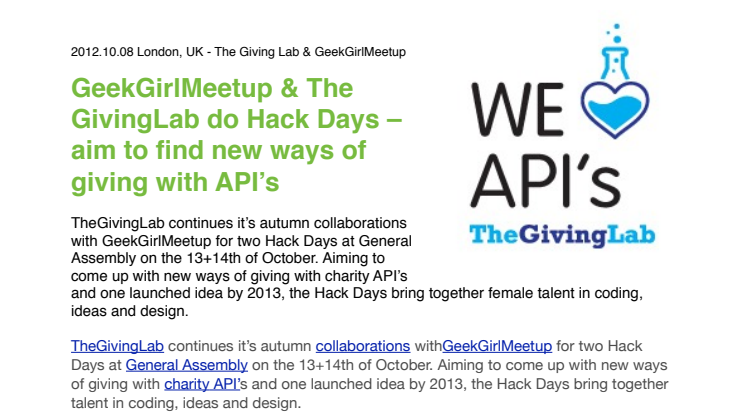 GeekGirlMeetup & The GivingLab do Hack Days – aim to find new ways of giving with API’s