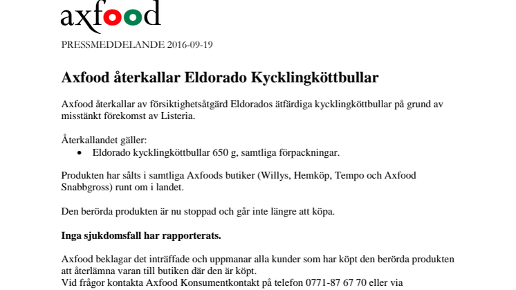 Axfood återkallar Eldorado Kycklingköttbullar