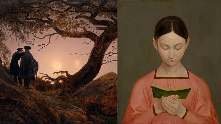 Left: Caspar David Friedrich, Caspar David Friedrich, Two men observing the moon. Right: Gustav Adolph Hennig, Reading Girl. both images are cropped.