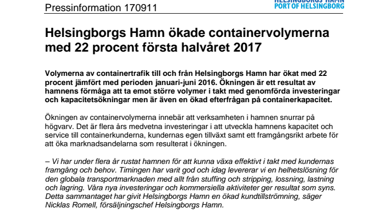 ​Helsingborgs Hamn ökade containervolymerna med 22 procent första halvåret 2017