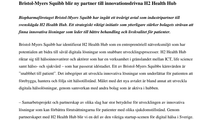 Bristol-Myers Squibb blir ny partner till innovationsdrivna H2 Health Hub 