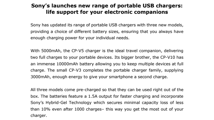 Sonylta uusi kannettavien USB-laturien mallisto: lisää käyttöaikaa lennosta mukana kulkeville sähkölaitteille 