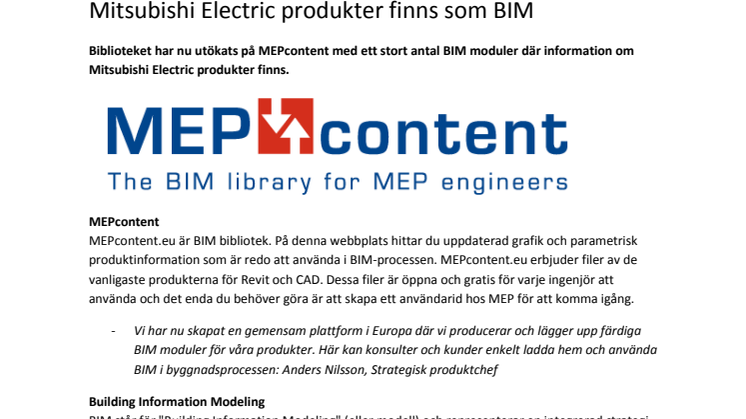 Mitsubishi Electric produkter finns som BIM