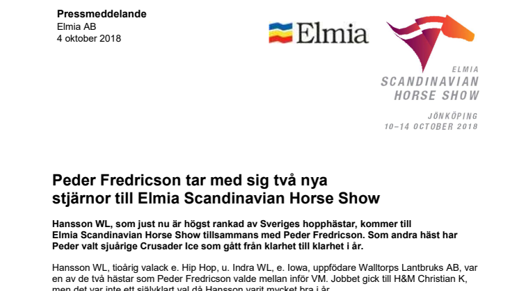 Peder Fredricson tar med sig två nya stjärnor till Elmia Scandinavian Horse Show
