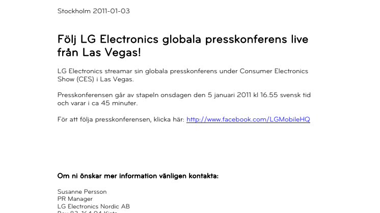 Följ LG Electronics globala presskonferens live från Las Vegas på onsdag! 