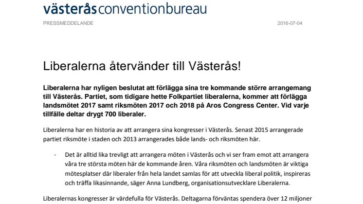 Liberalerna återvänder till Västerås!