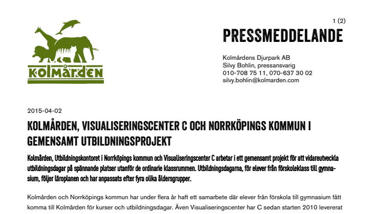 Kolmården, Visualiseringscenter C och Norrköpings kommun i gemensamt utbildningsprojekt 