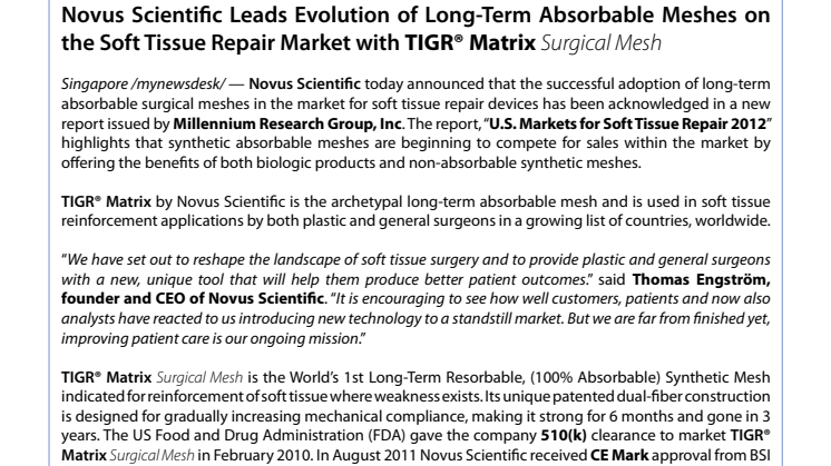 Novus Scientific Leads Evolution of Long-Term Absorbable Meshes on the Soft Tissue Repair Market with TIGR® Matrix Surgical Mesh