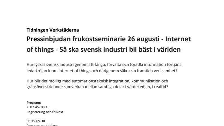 Inbjudan frukostseminarie 26 augusti - Internet of things - Så ska svensk industri bli bäst i världen