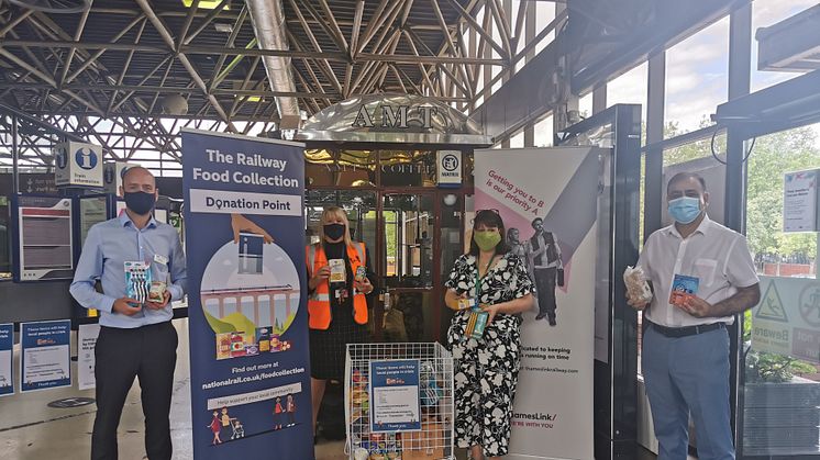 Bedford's life-supporters: (l to r) Tom Moran, Managing Director for Thameslink and Great Northern, Bernie Lee, Bedford Station Manager, Sarah Broughton, Project Manager at the Bedford Foodbank, and Bedford's MP Mohammad Yasin