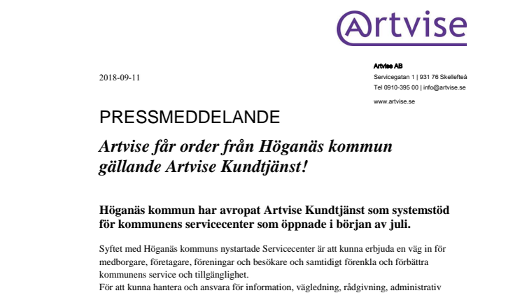Artvise får order från Höganäs kommun gällande Artvise Kundtjänst!
