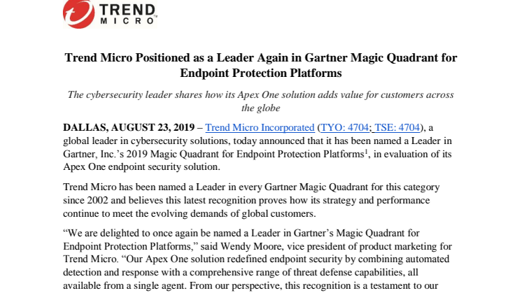 Trend Micro bibehåller ledande position inom klientsäkerhet i Gartners Magic Quadrant 