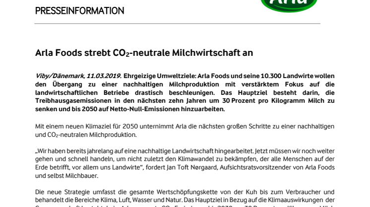 Arla Foods strebt CO2-neutrale Milchwirtschaft an 