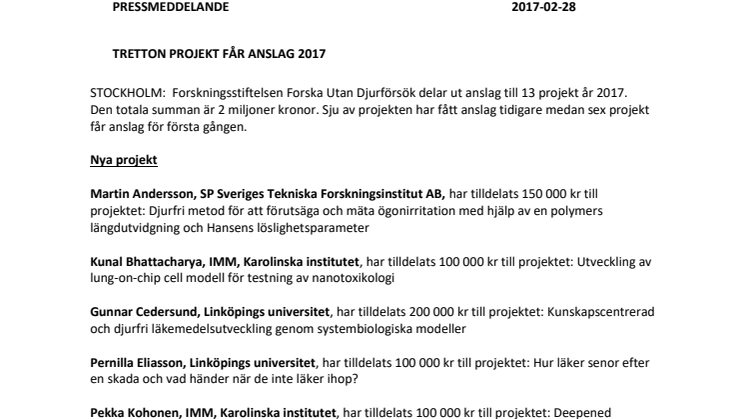 Tretton projekt får anslag 2017