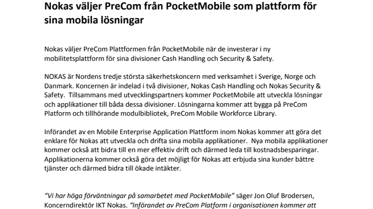 Nokas väljer PreCom från PocketMobile som plattform för sina mobila lösningar
