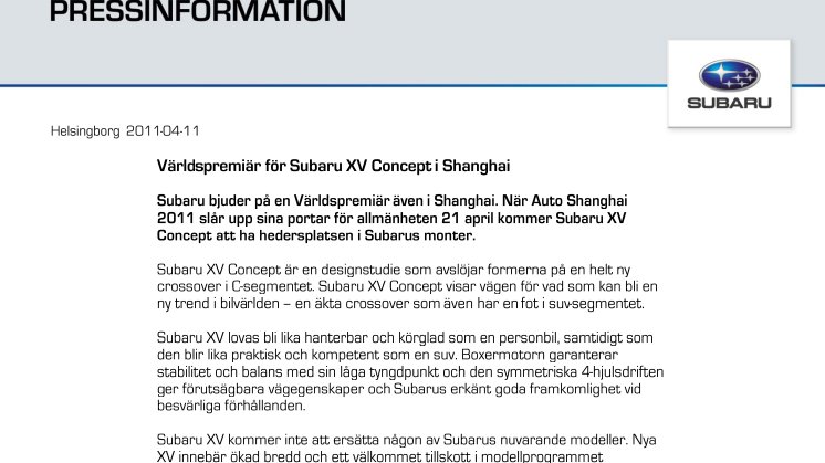 Världspremiär för Subaru XV Concept i Shanghai