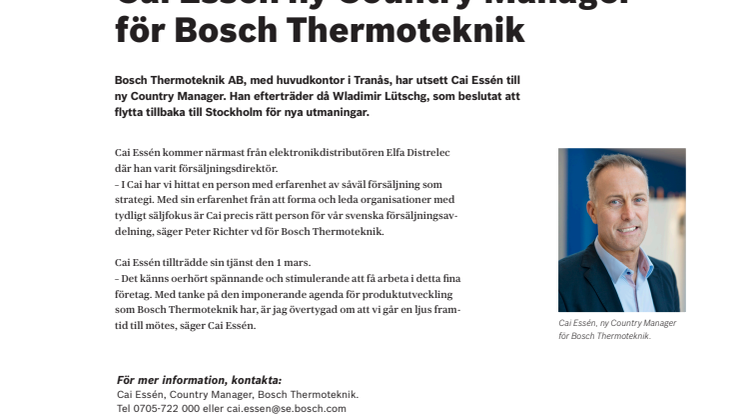Cai Essén ny Country Manager för Bosch Thermoteknik