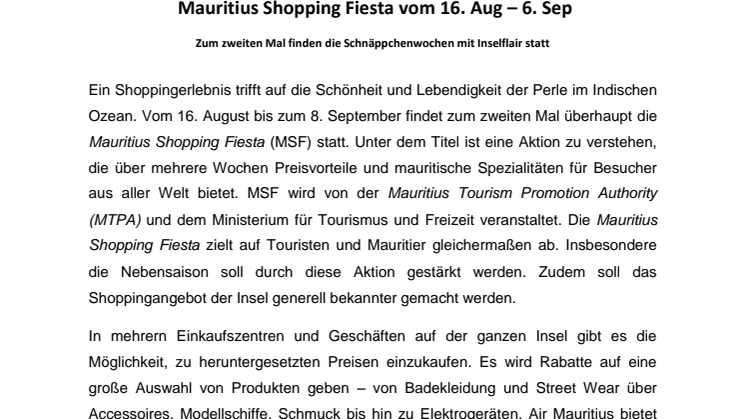  Mauritius Shopping Fiesta vom 16. Aug – 6. Sep - Schnäppchenwochen mit Inselflair